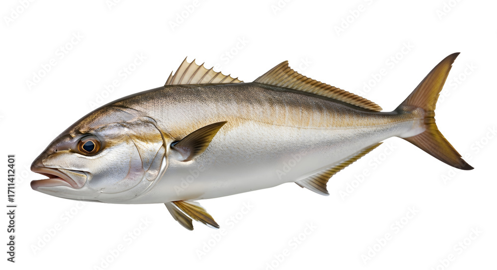 Obraz premium Side view of a whole, fresh-looking, golden-colored fish, likely a yellowtail amberjack.