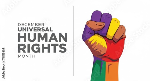 Universal human rights month with a colorful fist raised in solidarity on a white background