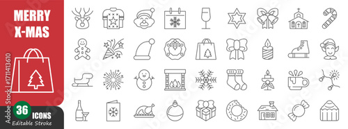 Christmas thin line icon . Editable stroke . Vector . Set 4 of 5 .