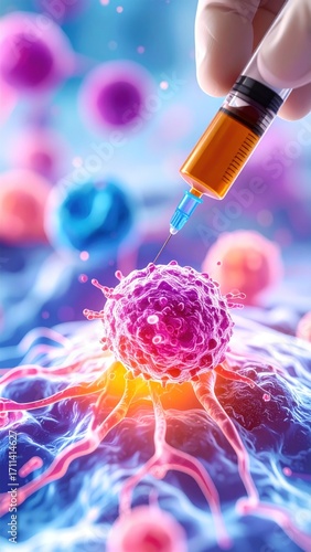 Injection Targeting Cancer Cell.  Detailed Visual of Cellular Therapy