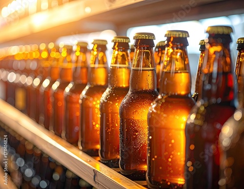 Rows of amber beer bottles on a shelf