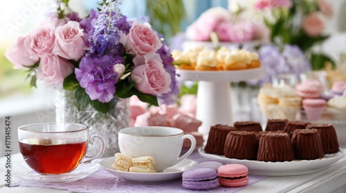 Elegant Afternoon Tea Setup with Sweets and Flowers