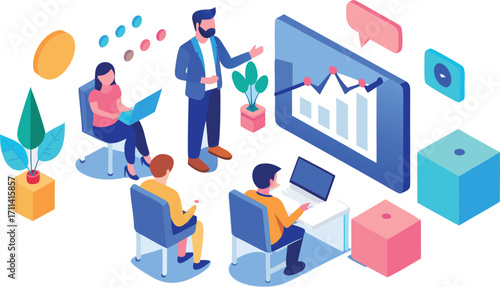 Business Marketing illustrations. Business people office life, A person analyzing data on dual monitors in a modern office setting, 