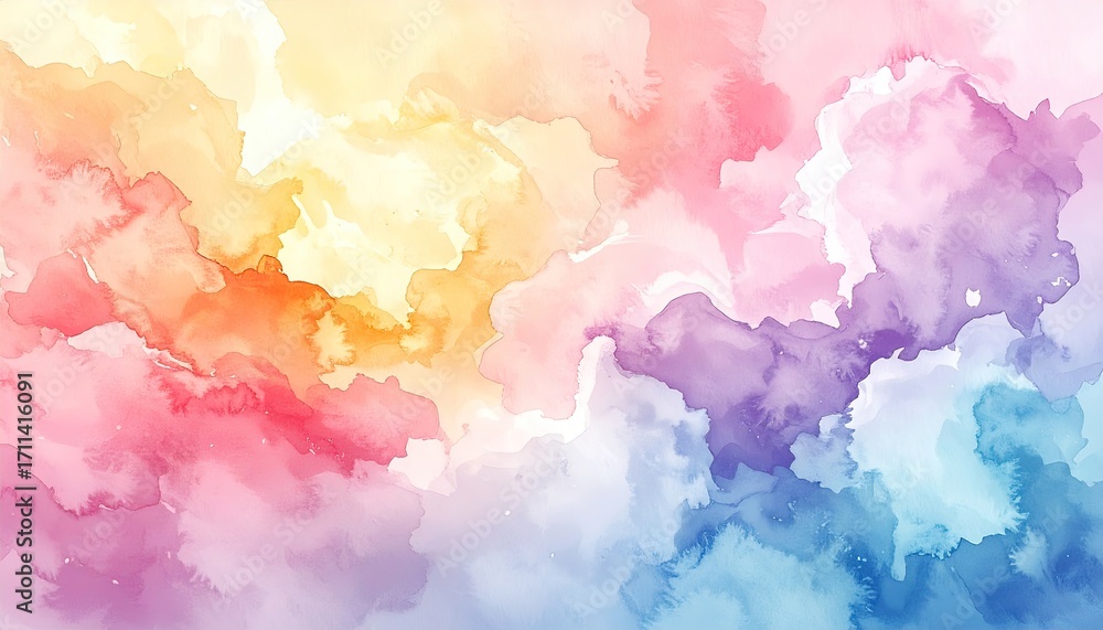 Obraz premium Abstract Watercolor Painting with Vibrant Rainbow Hues in Yellow Orange Pink Purple and Blue Colors on White Background with Cloudlike Texture and Artistic Effect