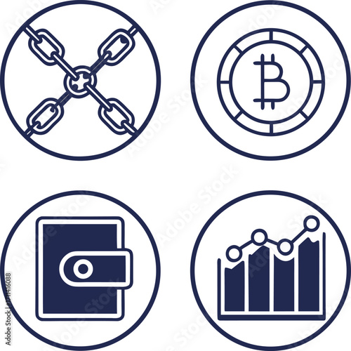 Cryptocurrency Icons: Blockchain, Bitcoin, Wallet, and Growth Chart