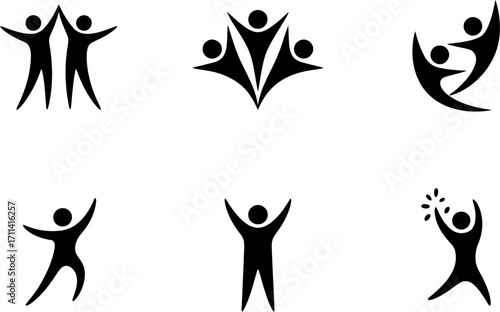 Six minimalist black and white figures celebrating joy connection unity movement simple icons silhouette