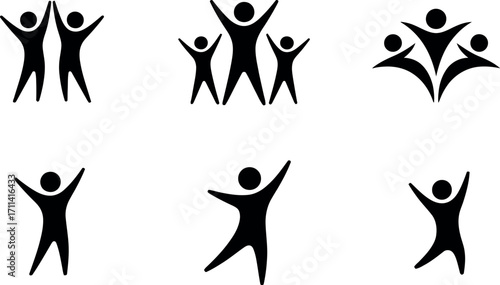 Set of six minimalist black and white human figures celebrating with arms raised joyfully silhouette
