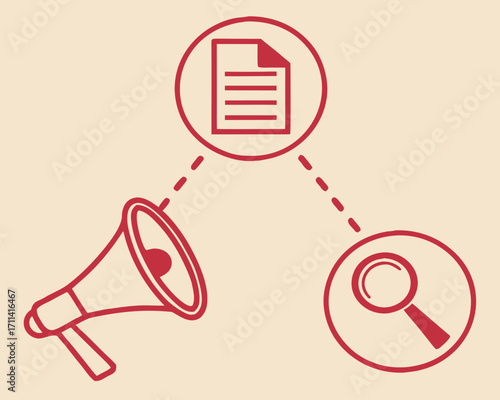 Document Announcement and Search: Red Icon Illustration on Beige Background