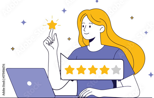 Woman giving online feedback with four star rating isolated on white background