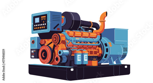 Stylized flat vector illustration of a vibrant diesel generator system