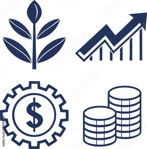 Business Growth Icons: Plant, Arrow Graph, Gear Dollar, and Coins