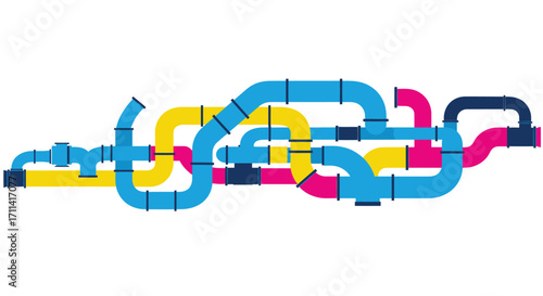 Vibrant vector illustration of interconnected industrial ventilation duct system