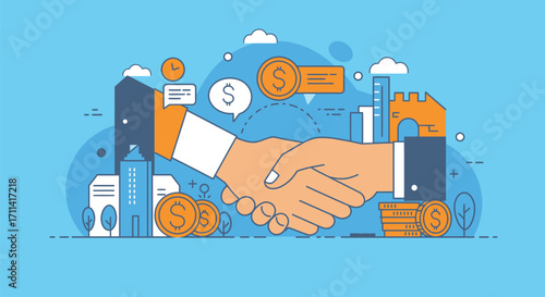 Financial partnership agreement illustrated with handshake and city background
