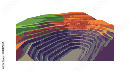Stylized illustration featuring a vibrant open-pit mine with stepped benches
