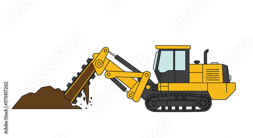 Vibrant cartoon trenching machine digging earth flat vector illustration