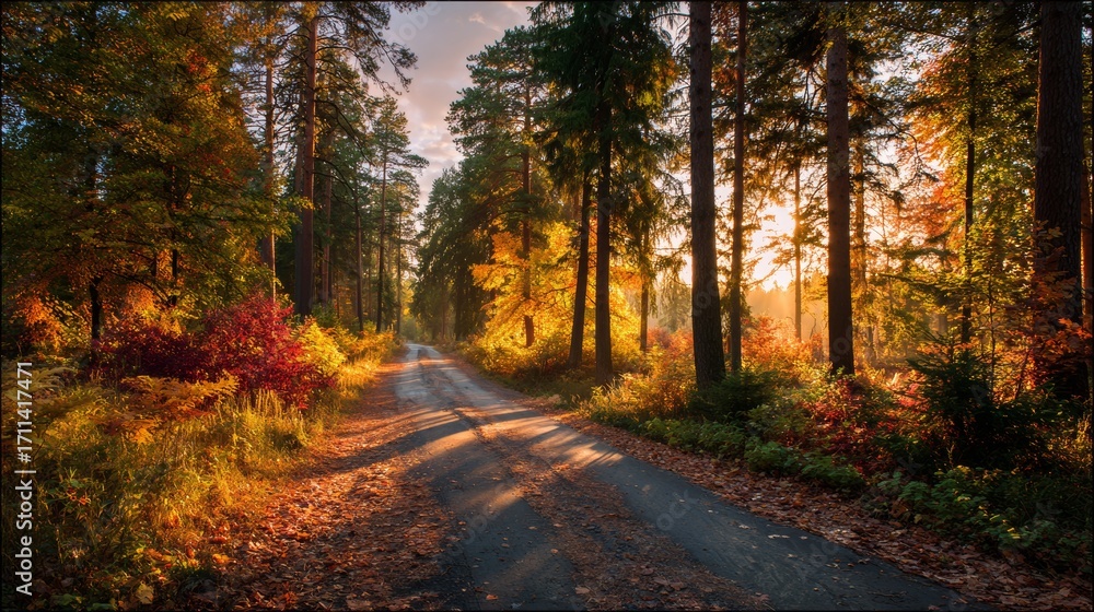 Obraz premium Road in autumn forest at sunset.