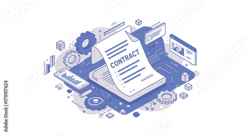 Isometric vector illustration depicting the integration of smart contract solutions