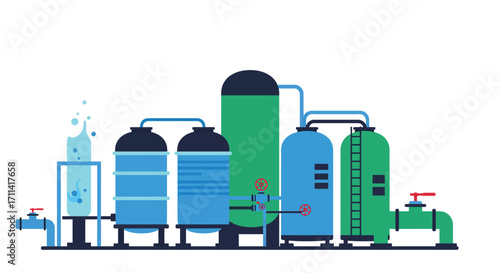 Stylized flat vector illustration of a vibrant water treatment plant