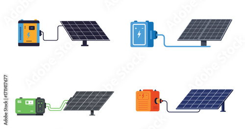 Stylized flat vector illustration of battery storage connected to solar array