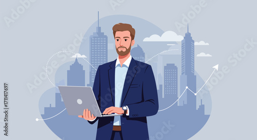 Confident businessman using laptop with financial growth in city background