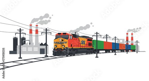 Stylized freight train passing industrial area, colorful vector illustration