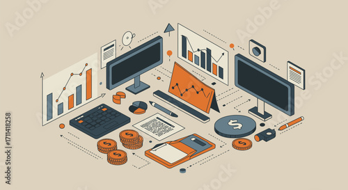 Isometric Financial Analysis Workspace Illustration with Investment Tools