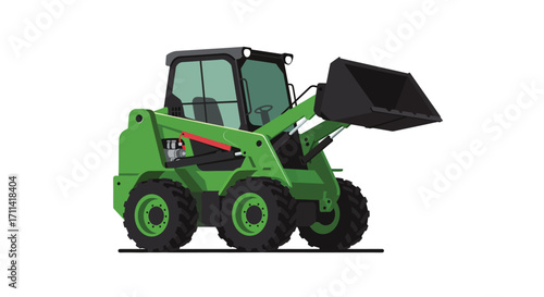 Stylized flat vector illustration of a green skid steer loader equipment