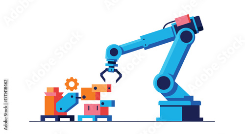 Automated precision: Stylized vector illustration of industrial robotic assembly