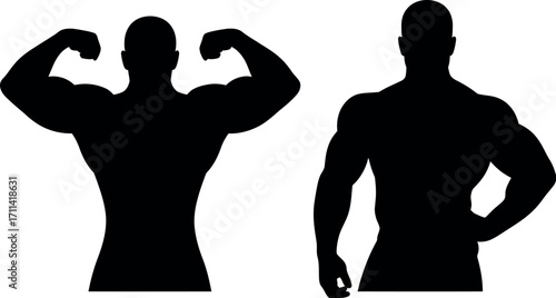 Muscular male silhouettes posing bodybuilding flexing biceps and relaxed stance athletic men silhouette