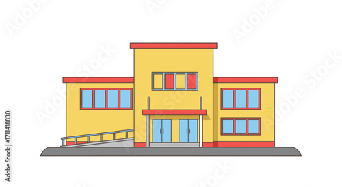 Stylized illustration of modern rehabilitation center with wheelchair access