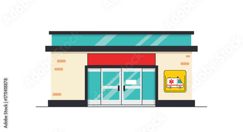 Stylized vector illustration of an emergency department entrance with ambulance