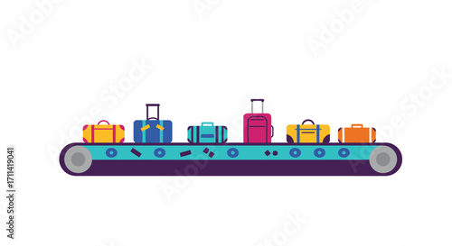 Colorful airport baggage conveyor belt with assorted luggage, flat vector