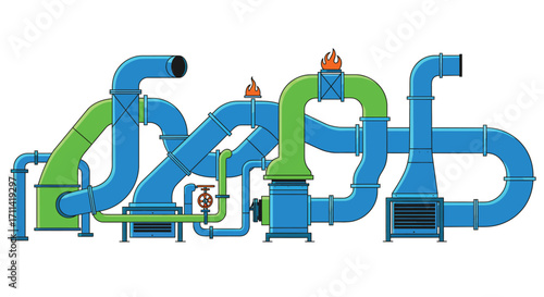 Intricate industrial pipeline system with vibrant colors and vector art