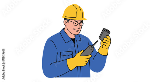 Worker inspecting blasting cap component with safety gear vector artwork