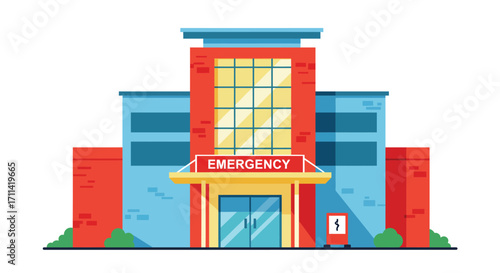 Stylized flat vector illustration of a modern hospital exterior with emergency