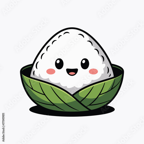 Cute Kawaii Onigiri Rice Ball Character in Green Leaf Bowl vector illustration