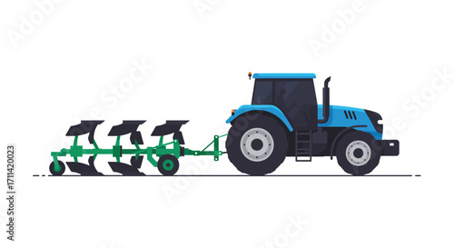 Vibrant stylized vector art of a tractor pulling plow against stark white