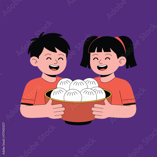 Happy Children Holding Bowl of Steamed Dumplings on Purple Background kids girl