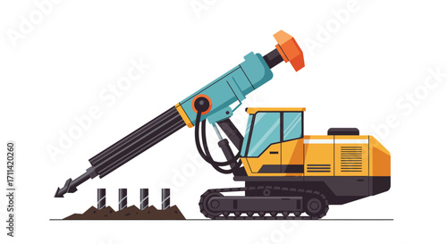Stylized Flat Vector Illustration of Rotary Blasthole Drill on Mining Bench
