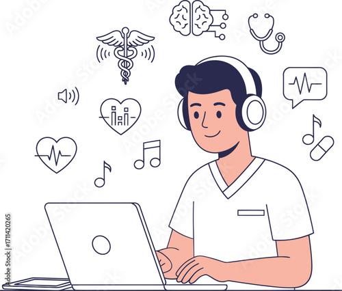 Young doctor wearing headphones studying online with medical symbols floating above