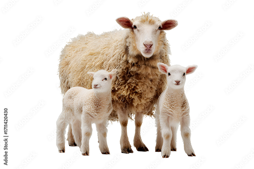 Fototapeta premium Close-up of a mother sheep with her two lambs isolated on transparent background