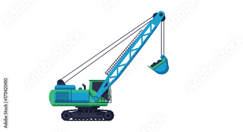 Illustration of a green and blue crane excavator on a white background