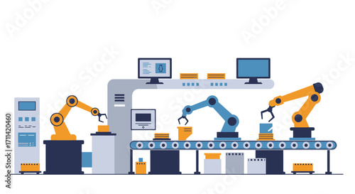 Automated manufacturing process with robotic arms on assembly line system
