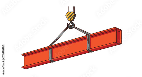 Stylized flat vector illustration of steel beam lifted by crane hooks