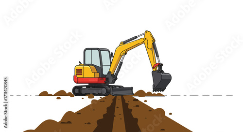 Stylized flat vector illustration of a mini excavator digging a trench