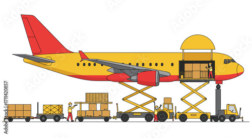 Stylized vector illustration of a cargo airplane loading process on a white background