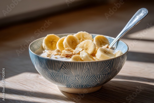 Bowl of yogurt with sliced bananas and granola in sunlit kitchen