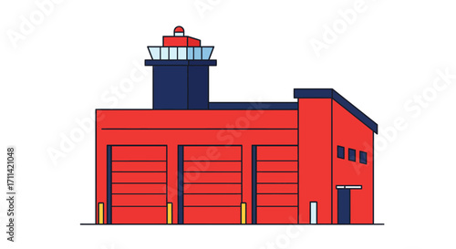 Stylized flat vector illustration of a vibrant fire station with garage doors