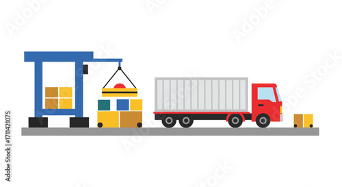 Stylized flat vector illustration of a cargo truck loading goods at dock