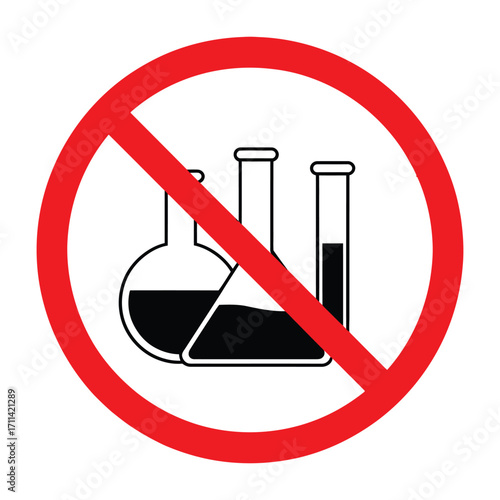 Red prohibition sign over laboratory flasks and test tubes indicating no chemicals allowed
